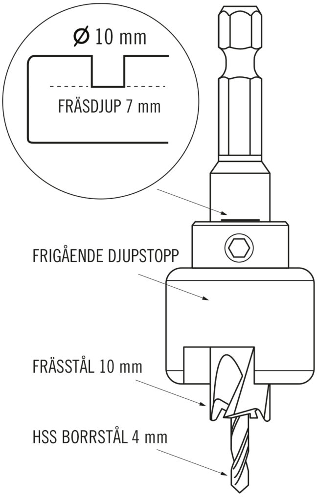 Borrförsänkare 4mm borr/ 10mm förs.